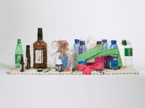 Karen Lee Sobol, L’Cha’im 2005, co-flex bandages, plastic bottles, bottle caps, plastic netting, copper mesh, gift box, enamel, ink, pushpins, and measuring tape,  37" x13.5" x 11.5", 200